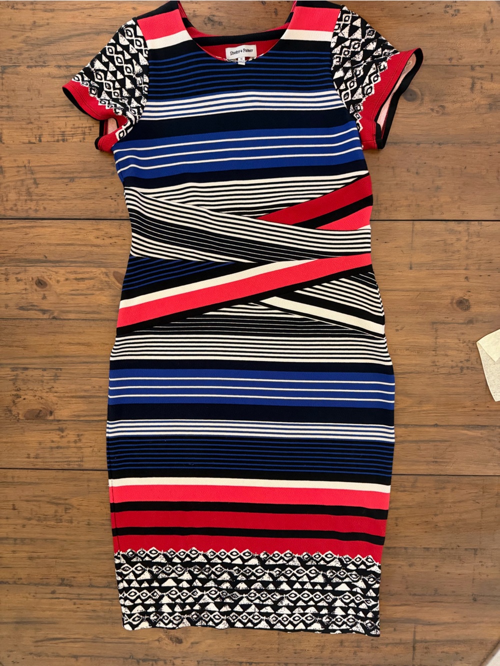 Striped Geometric Bodycon Sheath Dress Red Blue Black Size 16